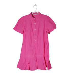 Women's Size S Pink Button Up Collar Cotton Ruffle Mini Shirt Dress FREE S&H